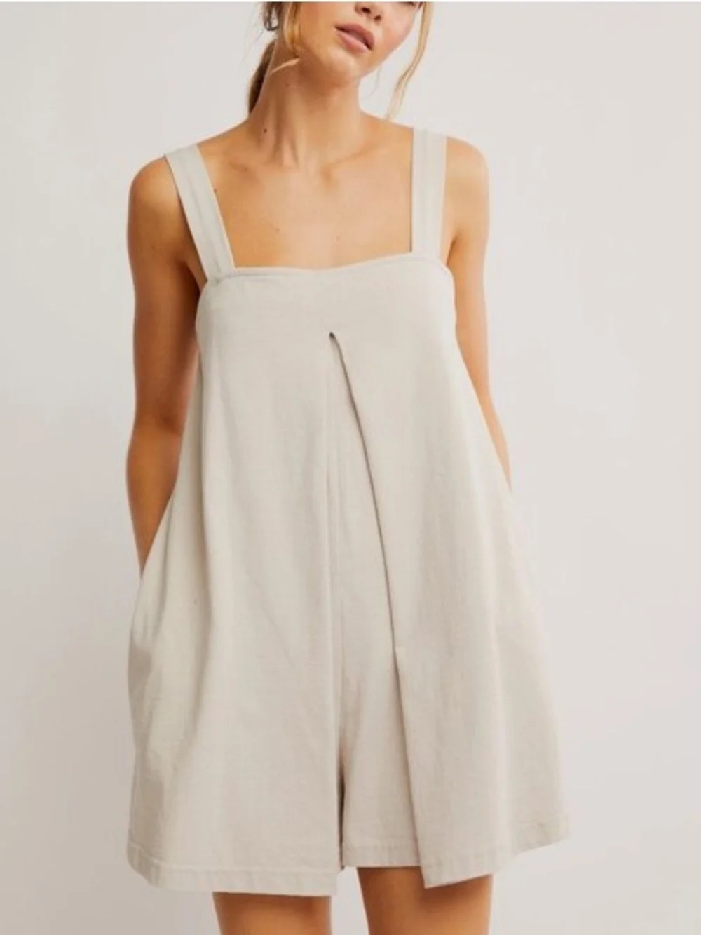 Free People FP Beach Nichola Romper L Beige Wide Leg Pocket Boho Chic Coastal - Picture 7 of 16